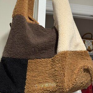Brown and cream Sherpa patchwork Steve Madden shoulder bag